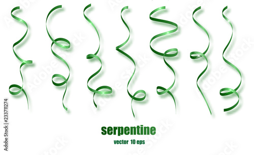 Green curly ribbon serpentine confetti. Green streamers set on transparent background. Colorful design decoration party, holiday event, carnival, Christmas, New Year greeting. Vector illustration.