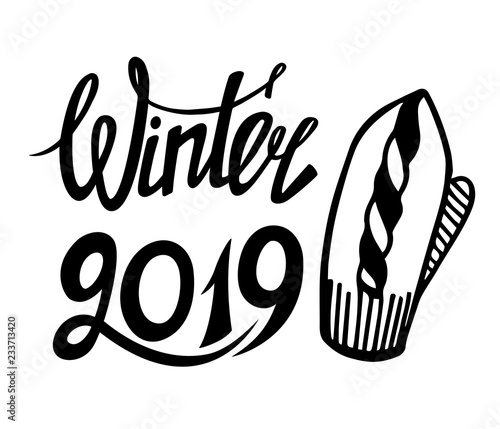Christmas decoration kit. Lettering. Happy New year theme. Mittens. Winter holidays. Vector illustration