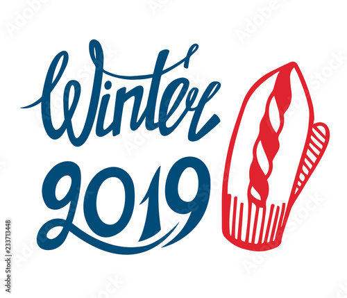 Christmas decoration kit. Lettering. Happy New year theme. Mittens. Winter holidays. Vector illustration