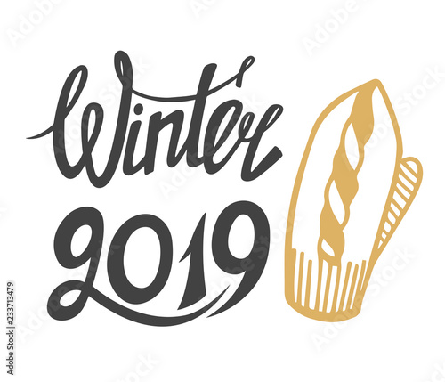 Christmas decoration kit. Lettering. Happy New year theme. Mittens. Winter holidays. Vector illustration