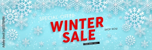 Winter sale, horizontal blue banner with 3d snowflakes, vector illustration