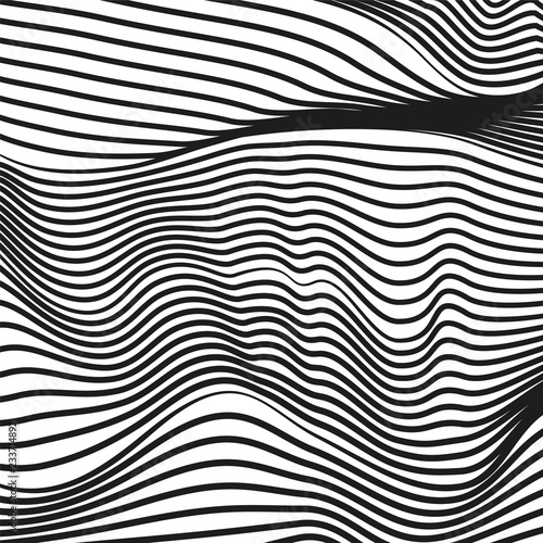 Black and white line art background. Abstract deformed surface. Futuristic concept. Psychedelic monochrome pattern. Vector visual effects. EPS10 illustration