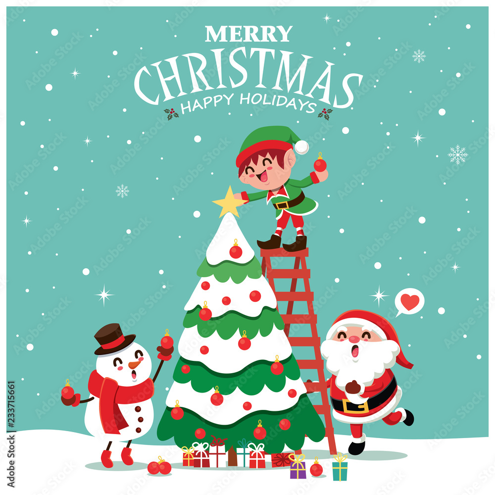Plakat Vintage Christmas poster design with vector Santa Claus, snowman, elf characters.