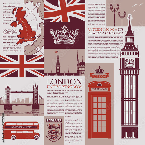 Vector seamless background on the theme of the UK and London with newspaper publications, architectural landmarks, British symbols and flag in retro style. Can be used as Wallpaper or wrapping paper