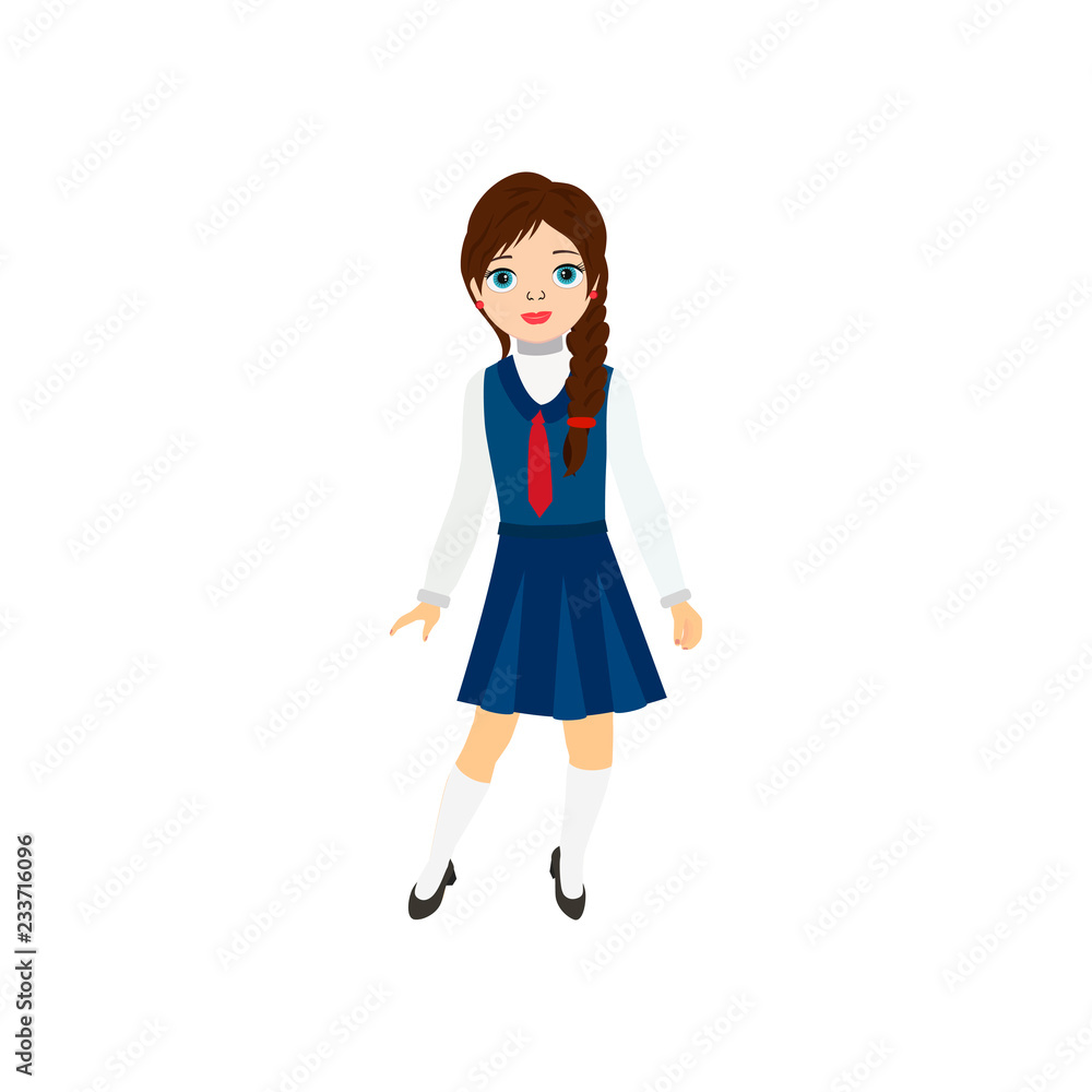 Cute girl in school uniform, vector icon for invitation, card, banner, interior design. Vector isolated cartoon illustration. Cute girl in school uniform, vector icon for invitation, card, banner, interior design. Vector isolated cartoon illustration.