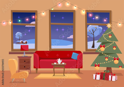 Christmas flat interior illustration of living room decorated for holidays. Cozy home interior with furniture, sofa, armchair, three windows to snowy winter landscape, Christmas tree, gifts, garland