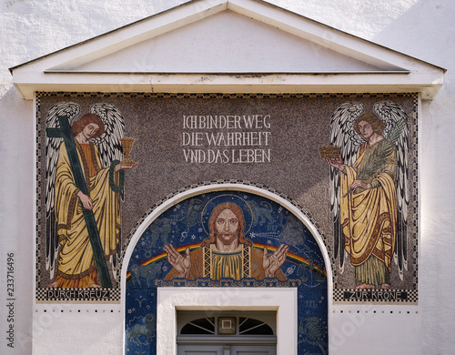 Europa, Deutschland, Sachsen, Landkreis Bautzen, Bischofswerda, Mosaik an der Christuskirche (ehem Marienkirche) photo