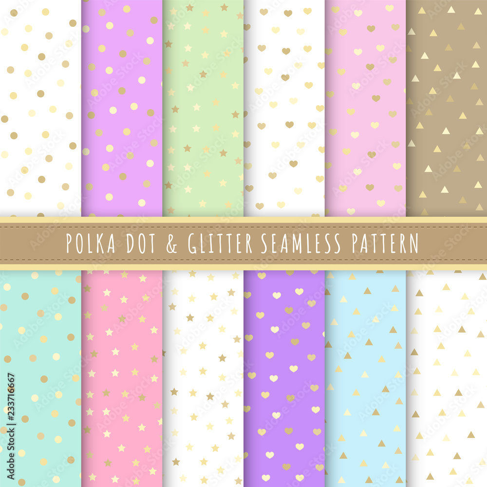 Polka dot and glitter seamless pattern collection. Set of 12 polka dot  background colorful. Gold glitter. Pastel patterns vector for gift wrap,  wallpaper, wrapping paper and fabric patterns. Stock Vector | Adobe Stock