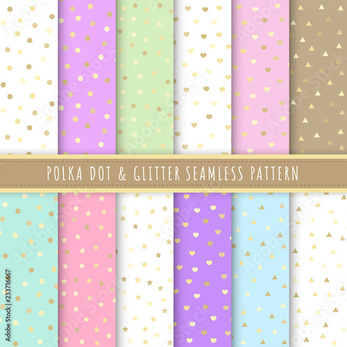 Polka dot and glitter seamless pattern collection. Set of 12 polka dot background colorful. Gold glitter. Pastel patterns vector for gift wrap, wallpaper, wrapping paper and fabric patterns.