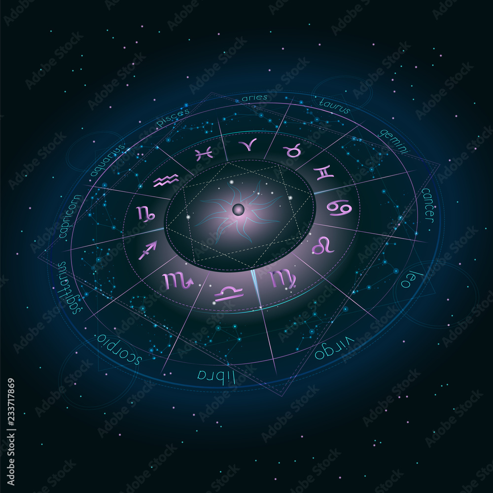 Illustration with Horoscope circle, Zodiac symbols and astrology constellations on the starry night sky background with geometry pattern. Image in perspective. Pink and turquoise elements. Vector. Illustration with Horoscope circle, Zodiac symbols and astrology constellations on the starry night sky background with geometry pattern. Image in perspective. Pink and turquoise elements. Vector.