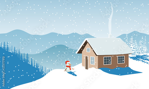 Christmas time. Winter with house, snowman in santa hat, distant mountains, snow, Snow flurry, sun light, chimney smoke