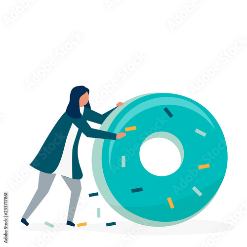 Character of a woman rolling a giant donut illustration