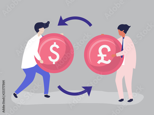 Characters of two businessmen exchanging currency illustration