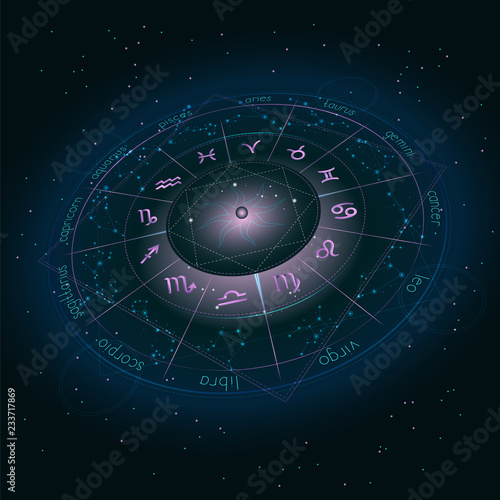 Illustration with Horoscope circle, Zodiac symbols and astrology constellations on the starry night sky background with geometry pattern. Image in perspective. Pink and turquoise elements. Vector.