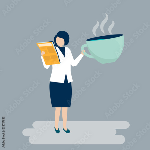 Businesswoman drinking coffee and reading a newspaper illustration