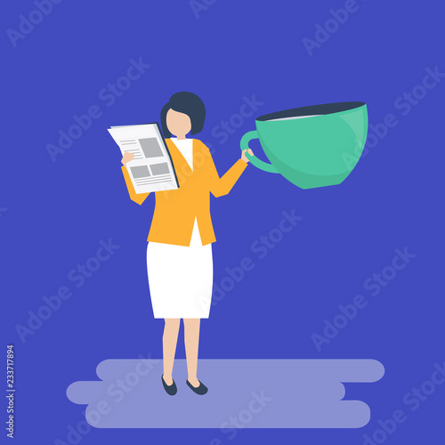 Businesswoman drinking coffee and reading a newspaper illustration