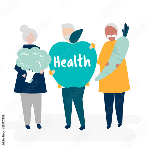 Characters of retired seniors and health concept illustration