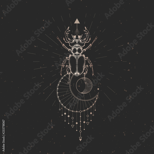 Vector illustration with hand drawn stag beetle and Sacred geometric symbol on black vintage background. Abstract mystic sign.