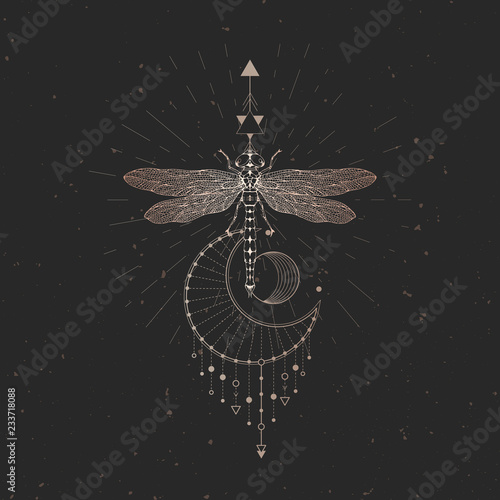 Vector illustration with hand drawn dragonfly and Sacred geometric symbol on black vintage background. Abstract mystic sign. 
