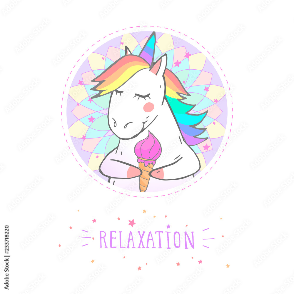 Vector sticker or icon with hand drawn cute unicorn, stars and text - RELAXATION on withe background. For your design. Cartoon style. Colored. Vector sticker or icon with hand drawn cute unicorn, stars and text - RELAXATION on withe background. For your design. Cartoon style. Colored.