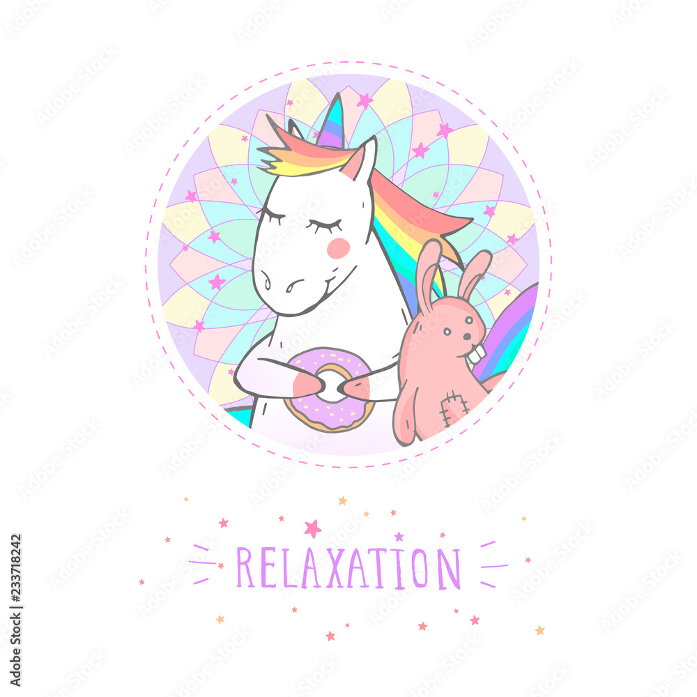 Vector sticker or icon with hand drawn cute unicorn, bunny toy and text - RELAXATION on withe background. For your design. Cartoon style. Colored. Vector sticker or icon with hand drawn cute unicorn, bunny toy and text - RELAXATION on withe background. For your design. Cartoon style. Colored.