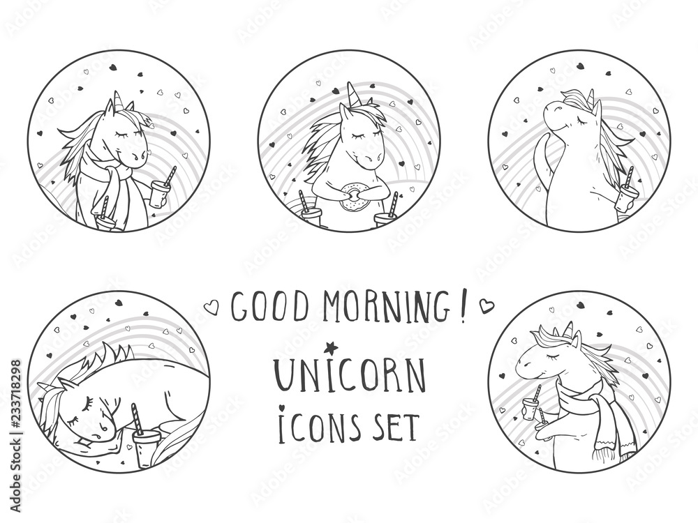 Vector set of black icons with hand drawn cute unicorns. Text - GOOD MORNING! On withe background. For your design. Cartoon style. Vector set of black icons with hand drawn cute unicorns. Text - GOOD MORNING! On withe background. For your design. Cartoon style.