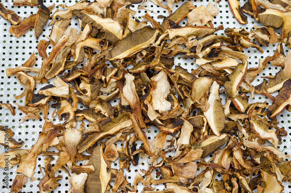 sliced mushrooms are dried on drushlak on the street