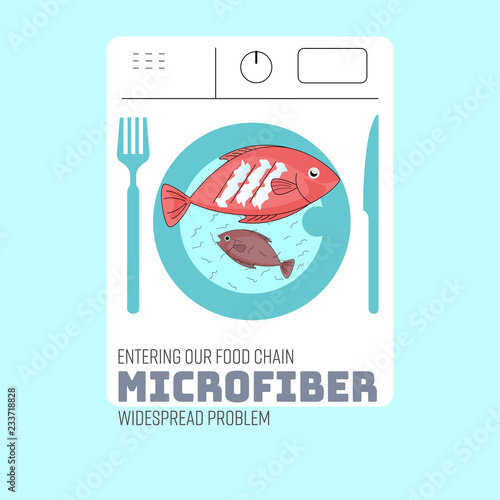 Front load washing machine outline apply to an eating icon represent consumption of contaminated fish. Microfiber entering into our food chain concept. Vector illustration.