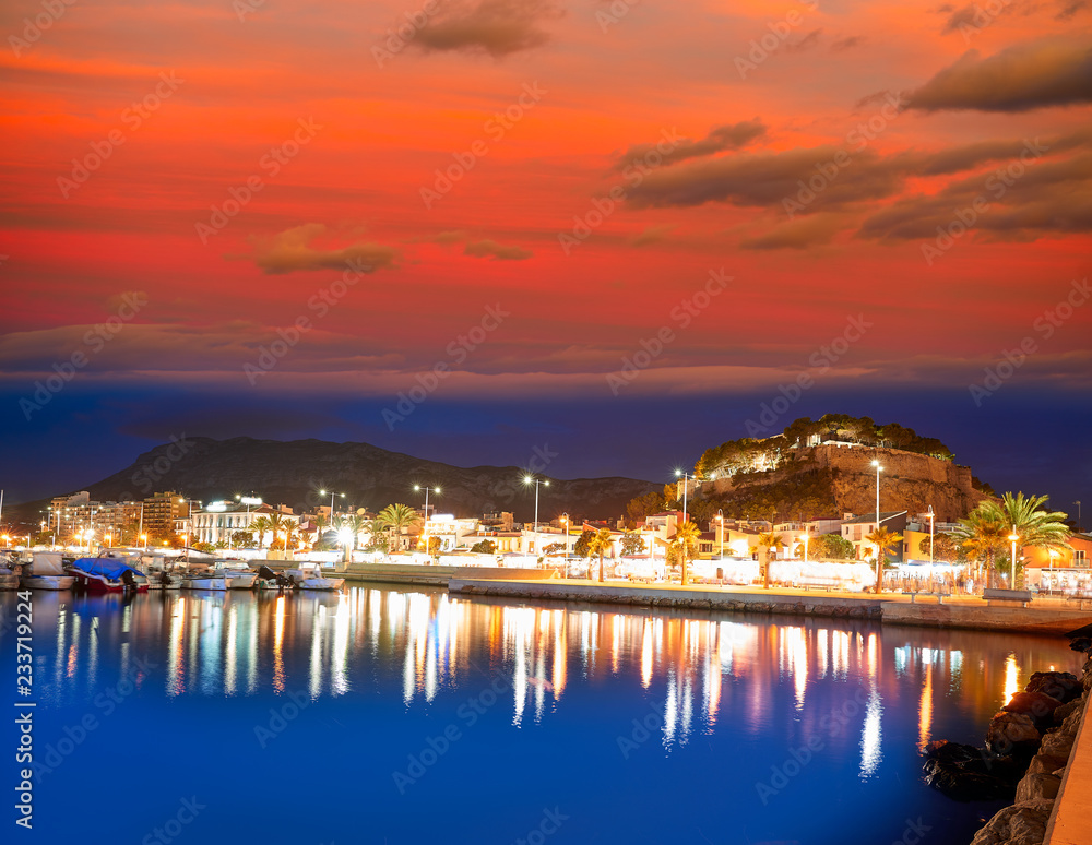 Denia sunset castle and marina at Alicante