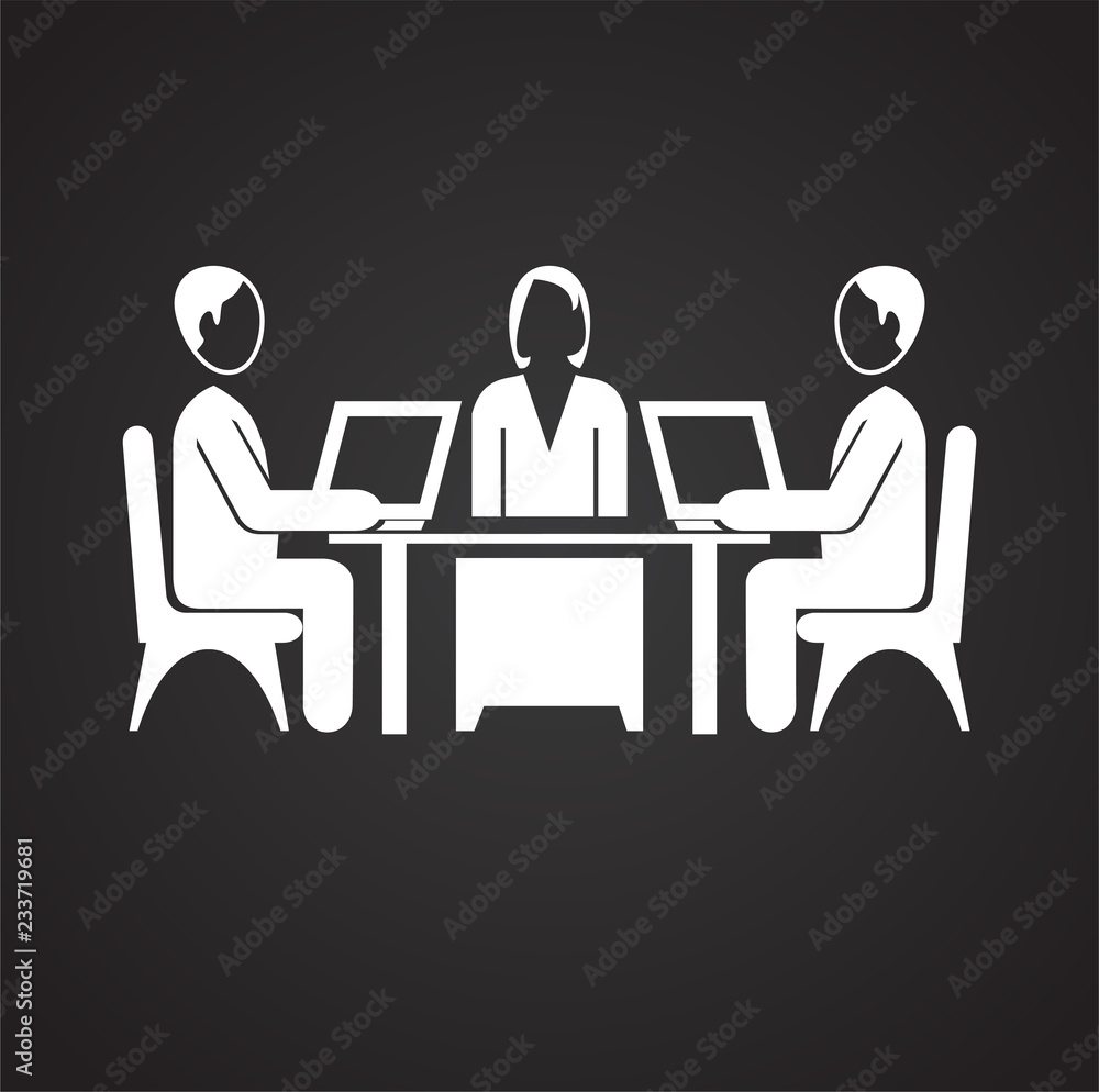 Coworking businessman works behind computer icon on black background Coworking businessman works behind computer icon on black background