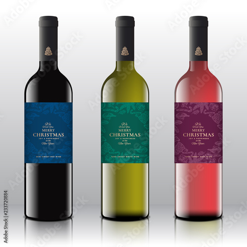 Christmas Greetings Wine Bottle Labels Concept. Red, White and Pink Wine Set on the Realistic Vector Bottles. Winter Holidays Wreath Background with Hand Drawn Bird, Glove and Candy Cane.