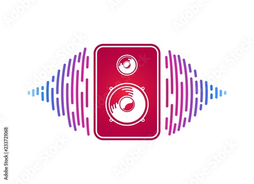 Vector red speaker with loudsound visualization isolated vector music equipment. Logo of sound power on white background