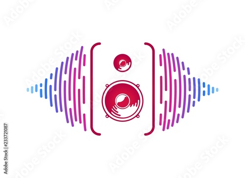 Vector sounds speaker with loudsound visualization isolated vector music equipment. Logo of sound power on white background