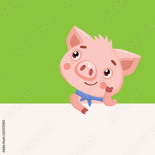 Cute Baby Pig Vector Illustration. Cartoon Animals Characters. Funny Cartoon Pig Vector Character. Happy Pig With Signboard. Pig Holding Banner.