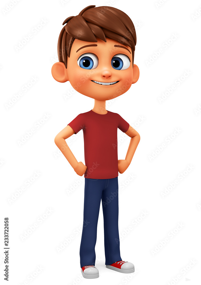 Cartoon character boy in red t-shirt. 3d rendering. Illustration for advertising.