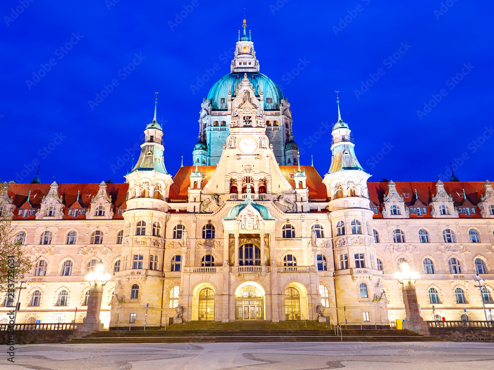 New Town Hall Neues Rathaus with lights at night. Front view. 