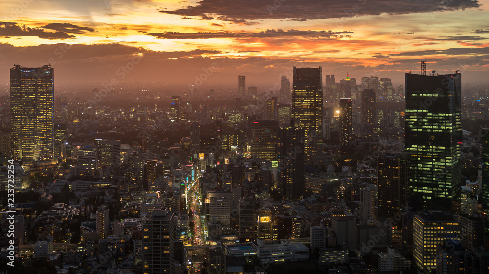 Naklejka premium Tokyo skyline during sunset as seen from the Tokyo Tower, Japan