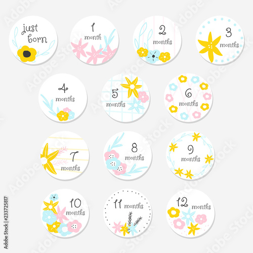 Cute baby monthly stickers. Floral set for newborn. Vector hand drawn illustration.