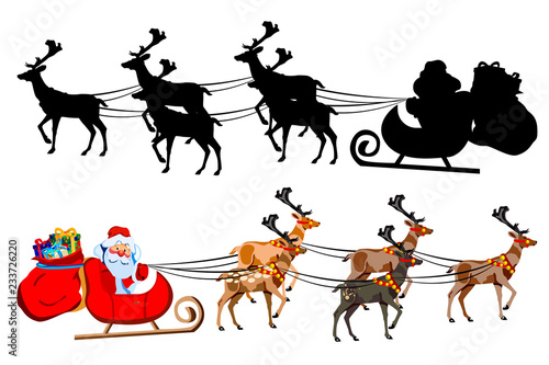 Santa Claus on a sleigh with reindeer  with a handful of gifts. Silhouette of santa claus.