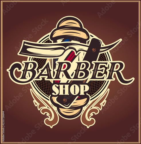 Vector color badge with barber and accessories for the barbershop
