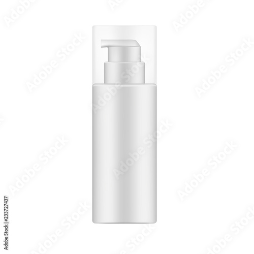 White cosmetic bottle with dispenser and clear transparent lid, mockup