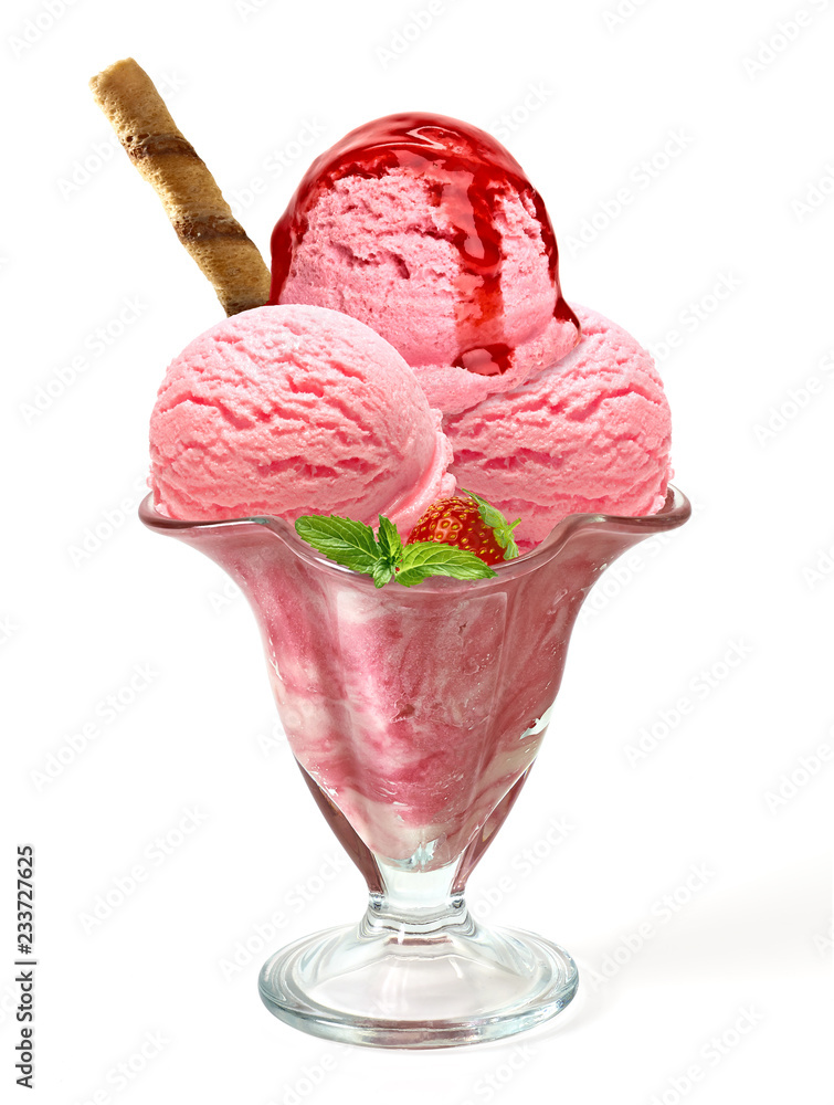 Strawberry ice cream and wafer stick in sundae cup or glass with fruits