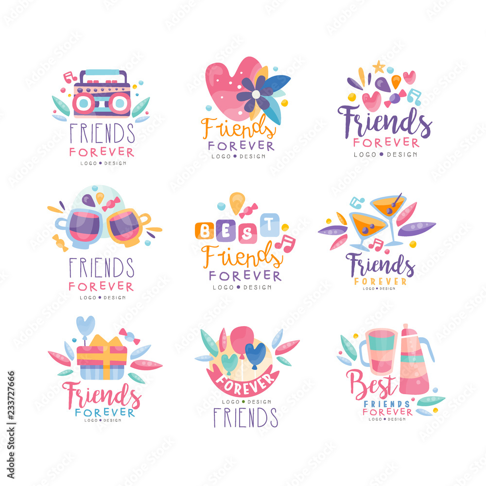 Friends forever logo design set, Happy Friendship Day creative badges can be used for banner, poster, greeting card, t-shirt vector Illustration