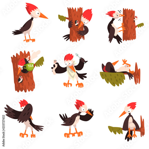 Cute funny woodpecker bird cartoon character in different situations set vector Illustration on a white background