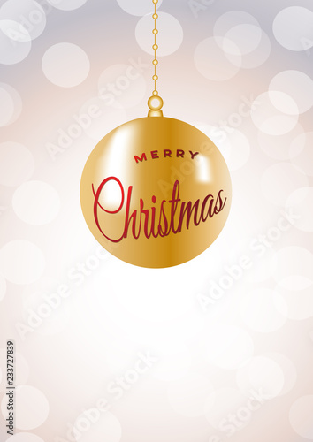 Merry Christmas ball on iridescent glitter festive empty background. Shiny sparkles swirling in air.