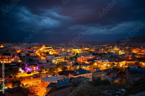 architecture and buildings in Cappadocia, Goreme, Turkey at night, aerial view . most popular and famous place
