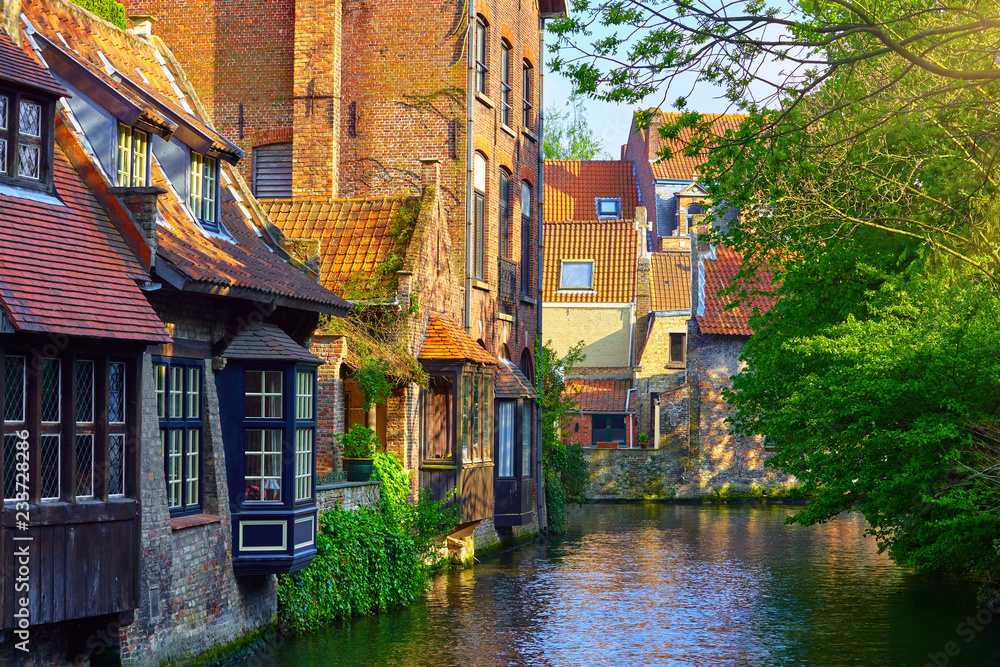 Medieval houses over canal in Bruges Belgium landscape panorama