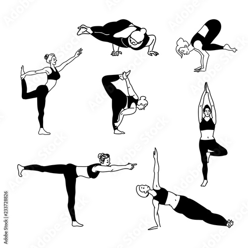 Collection of balans asanas woman performing physical exercises. 