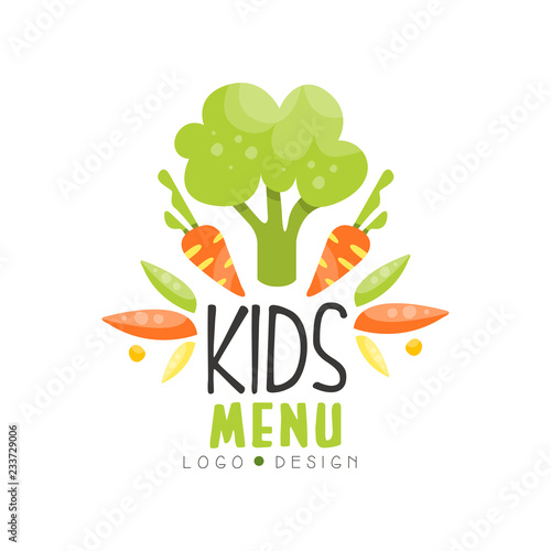 Kids menu logo design, healthy organic food colorful creative template with vegetables vector Illustration