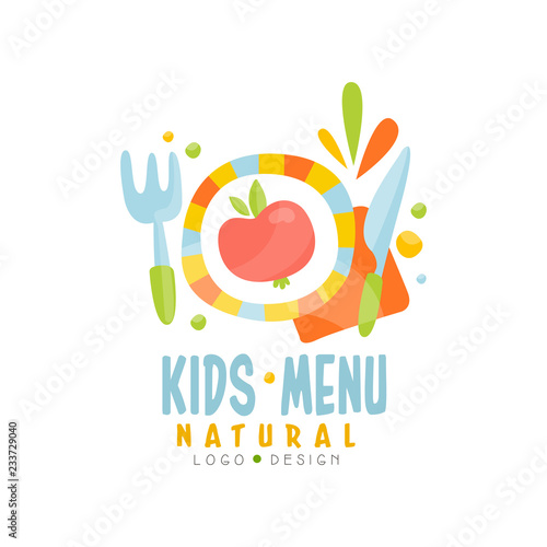 Kids natural menu logo design, healthy organic food banner or poster vector Illustration